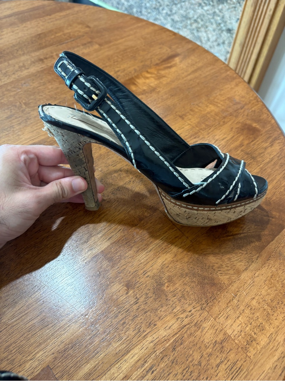 Prada black leather ankle strap peep toe cork platform & heel sz 38